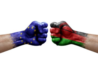 Two hands punch to each others on white background. Country flags painted fists, conflict crisis concept between european union and malawi