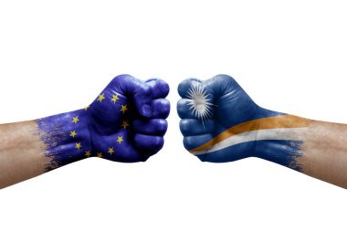Two hands punch to each others on white background. Country flags painted fists, conflict crisis concept between european union and marshall islands