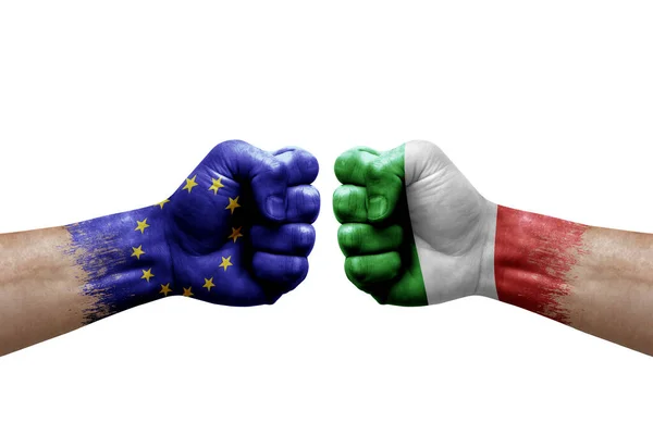 Two Hands Punch Each Others White Background Country Flags Painted — Foto Stock