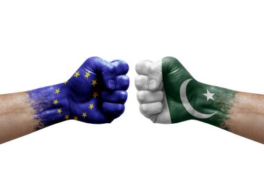 Two hands punch to each others on white background. Country flags painted fists, conflict crisis concept between european union and pakistan