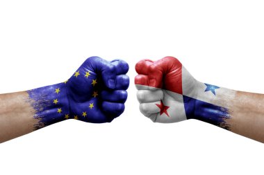 Two hands punch to each others on white background. Country flags painted fists, conflict crisis concept between european union and panama