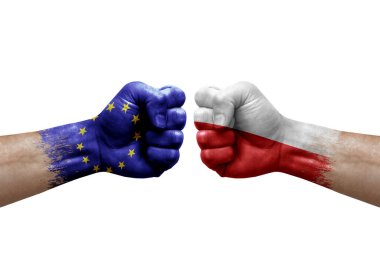 Two hands punch to each others on white background. Country flags painted fists, conflict crisis concept between european union and poland
