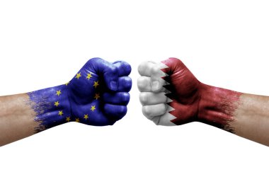 Two hands punch to each others on white background. Country flags painted fists, conflict crisis concept between european union and qatar