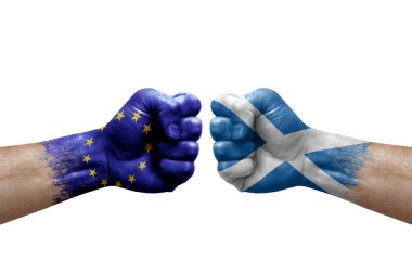 Two hands punch to each others on white background. Country flags painted fists, conflict crisis concept between european union and scotland