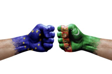 Two hands punch to each others on white background. Country flags painted fists, conflict crisis concept between european union and turkmenistan