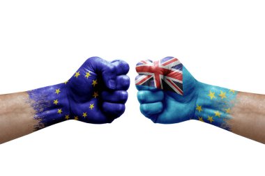 Two hands punch to each others on white background. Country flags painted fists, conflict crisis concept between european union and tuvalu