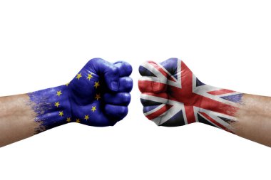 Two hands punch to each others on white background. Country flags painted fists, conflict crisis concept between european union and united kingdom