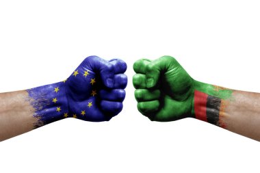 Two hands punch to each others on white background. Country flags painted fists, conflict crisis concept between european union and zambia