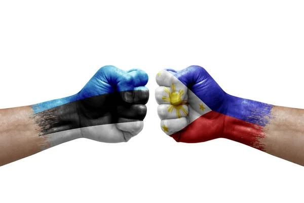 Two Hands Punch Each Others White Background Country Flags Painted — Zdjęcie stockowe