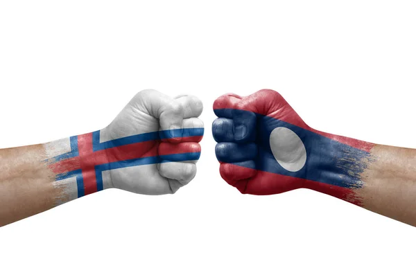 Two Hands Punch Each Others White Background Country Flags Painted — Stock Photo, Image