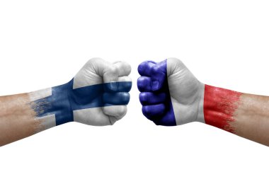 Two hands punch to each others on white background. Country flags painted fists, conflict crisis concept between finland and france