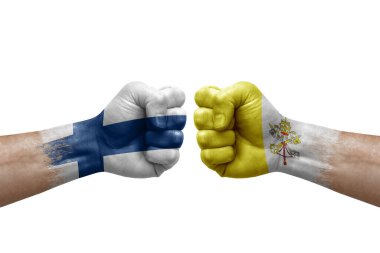 Two hands punch to each others on white background. Country flags painted fists, conflict crisis concept between finland and holy see