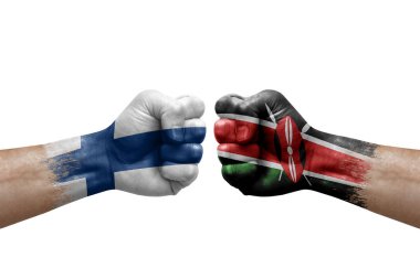 Two hands punch to each others on white background. Country flags painted fists, conflict crisis concept between finland and kenya