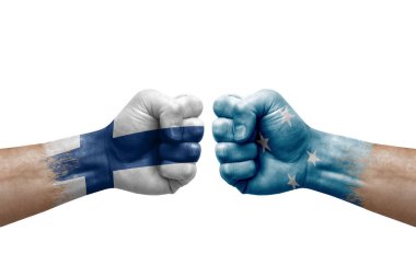 Two hands punch to each others on white background. Country flags painted fists, conflict crisis concept between finland and micronesia