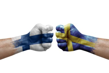 Two hands punch to each others on white background. Country flags painted fists, conflict crisis concept between finland and sweden