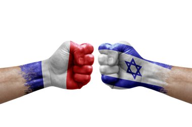 Two hands punch to each others on white background. Country flags painted fists, conflict crisis concept between france and israel