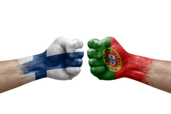 Two Hands Punch Each Others White Background Country Flags Painted — Fotografia de Stock