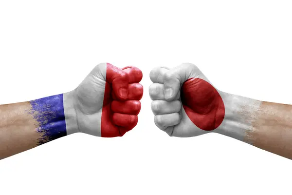 Two Hands Punch Each Others White Background Country Flags Painted — Stok Foto