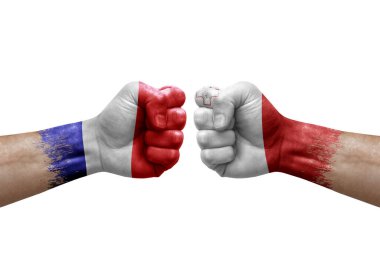 Two hands punch to each others on white background. Country flags painted fists, conflict crisis concept between france and malta