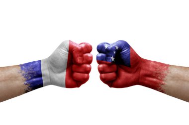 Two hands punch to each others on white background. Country flags painted fists, conflict crisis concept between france and samoa