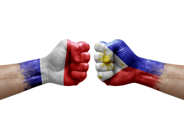 Two Hands Punch Each Others White Background Country Flags Painted — Stok Foto