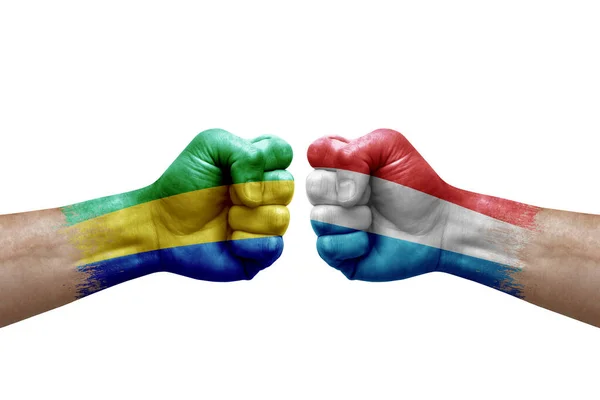 Two Hands Punch Each Others White Background Country Flags Painted — Zdjęcie stockowe