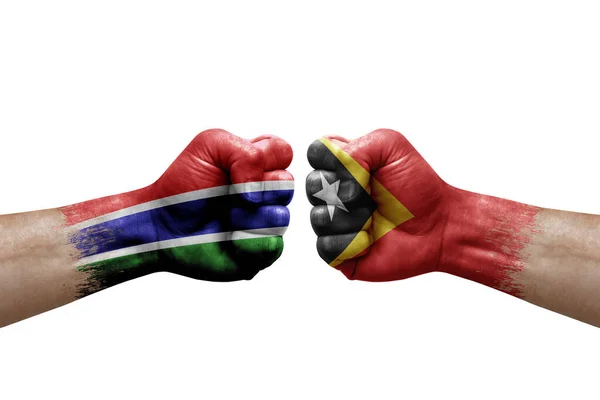 Two Hands Punch Each Others White Background Country Flags Painted — Stock Photo, Image