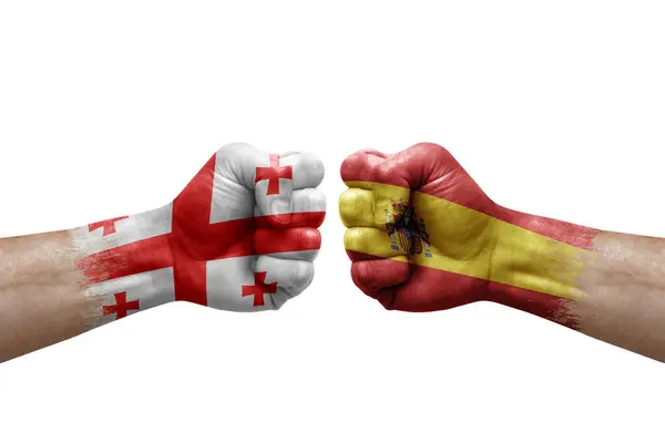 Two Hands Punch Each Others White Background Country Flags Painted — Fotografia de Stock