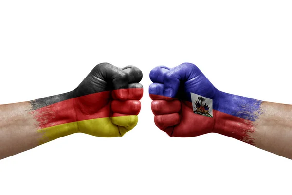 Two Hands Punch Each Others White Background Country Flags Painted — Foto de Stock