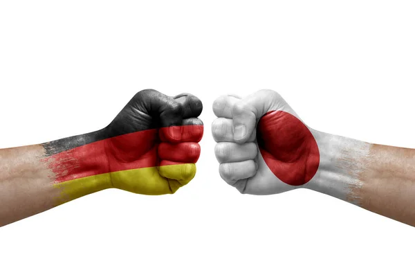 Two Hands Punch Each Others White Background Country Flags Painted — Fotografia de Stock