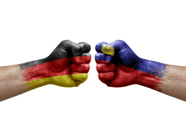 Two Hands Punch Each Others White Background Country Flags Painted — Foto de Stock