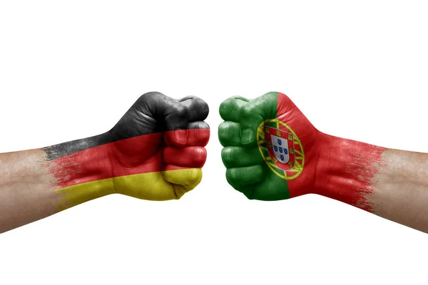 Two Hands Punch Each Others White Background Country Flags Painted — Foto de Stock