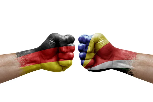 Two Hands Punch Each Others White Background Country Flags Painted — Foto de Stock