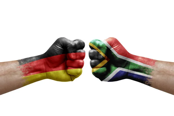 Two Hands Punch Each Others White Background Country Flags Painted — Stock Fotó