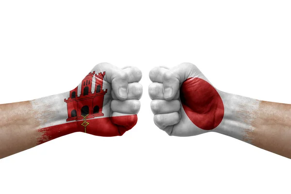 Two Hands Punch Each Others White Background Country Flags Painted — Stockfoto