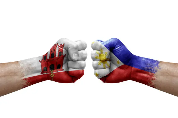 Two Hands Punch Each Others White Background Country Flags Painted — Zdjęcie stockowe