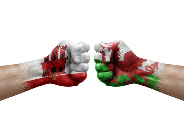 Two Hands Punch Each Others White Background Country Flags Painted — 스톡 사진