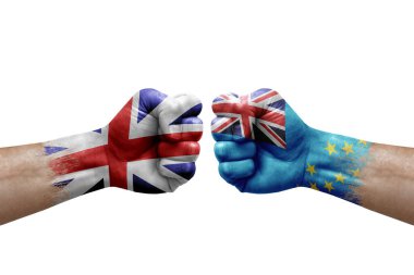 Two hands punch to each others on white background. Country flags painted fists, conflict crisis concept between great britain and tuvalu