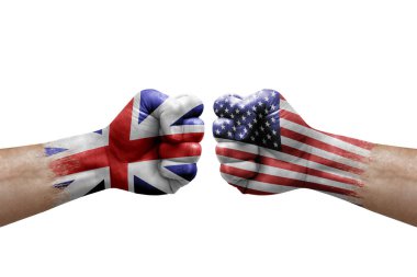 Two hands punch to each others on white background. Country flags painted fists, conflict crisis concept between great britain and usa