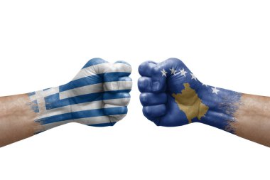 Two hands punch to each others on white background. Country flags painted fists, conflict crisis concept between greece and kosovo