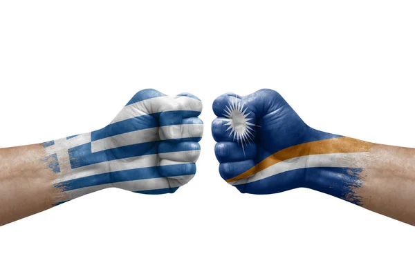 Two Hands Punch Each Others White Background Country Flags Painted — 스톡 사진