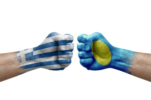 Two Hands Punch Each Others White Background Country Flags Painted — Foto de Stock