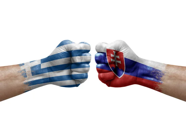 Two Hands Punch Each Others White Background Country Flags Painted — Stockfoto