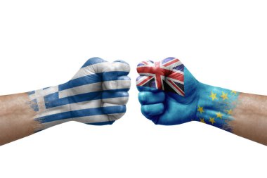 Two hands punch to each others on white background. Country flags painted fists, conflict crisis concept between greece and tuvalu