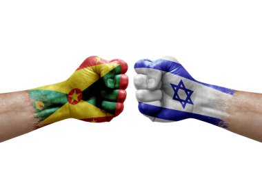 Two hands punch to each others on white background. Country flags painted fists, conflict crisis concept between grenada and israel