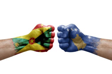 Two hands punch to each others on white background. Country flags painted fists, conflict crisis concept between grenada and kosovo