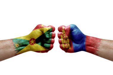 Two hands punch to each others on white background. Country flags painted fists, conflict crisis concept between grenada and mongolia