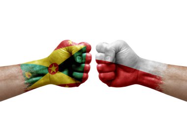 Two hands punch to each others on white background. Country flags painted fists, conflict crisis concept between grenada and poland