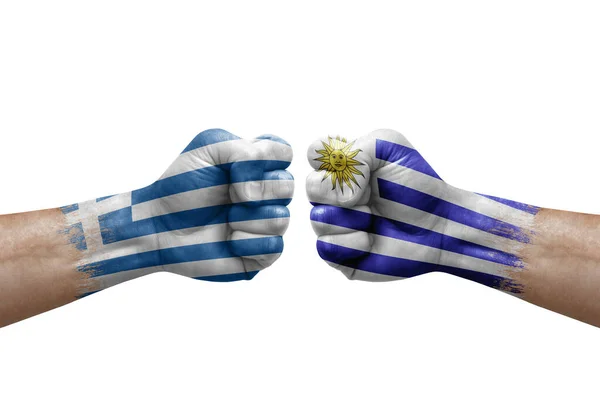 Two Hands Punch Each Others White Background Country Flags Painted — Stockfoto