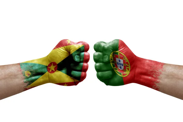 Two Hands Punch Each Others White Background Country Flags Painted —  Fotos de Stock